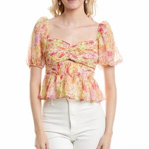ASTR The Label Multicolor Floral Puff Sleeve Blouse